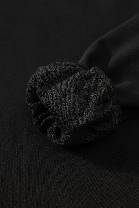 Black Solid O Neck High Low Hem Pullover Sweatshirt