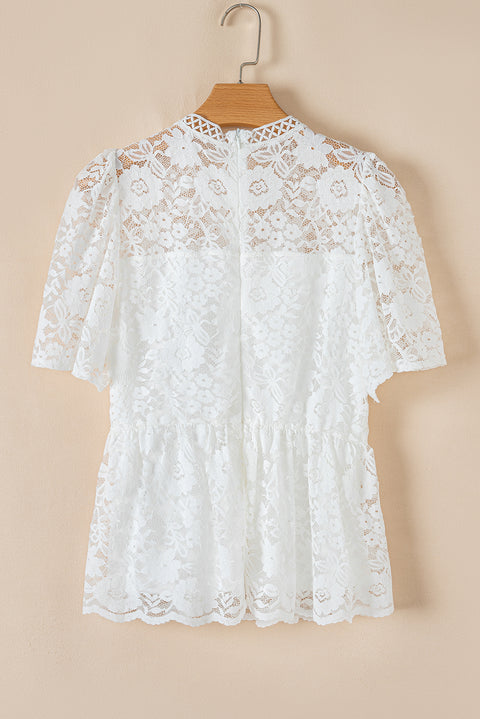 White Short Sleeve Scalloped Floral Lace Peplum Blouse