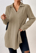 Apricot Ribbed Knit V Neck Collared Split Hem Tunic