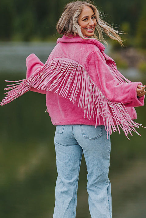 Chaqueta polar con cremallera completa y flecos rosa 