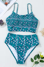 Blue Floral Print Smocked Cute Bikini Set