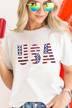 White USA Flag Sequin Patched Round Neck T Shirt