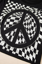 Black Checkerboard Peace Sign Printed Round Neck T Shirt