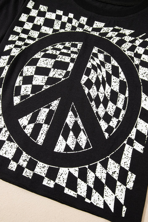 Black Checkerboard Peace Sign Printed Round Neck T Shirt