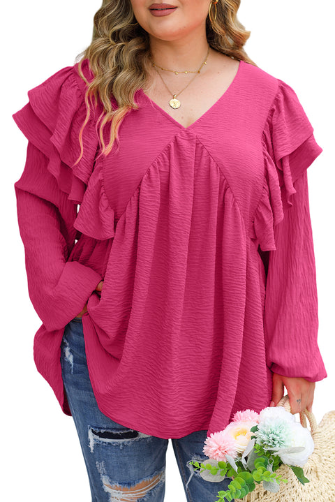 Blusa rosa con cuello en V y volantes arrugados talla grande 