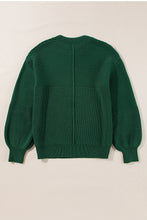 Blackish Green Textured Knit Crewneck Lantern Sleeve Sweater