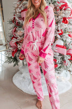 Pink Christmas Tree Print V Neck Buttoned Pullover and Drawstring Pants Lounge Set