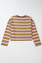 Spinach Green Clashing Stripes Waffle Texture Notched Neck Long Sleeve Top