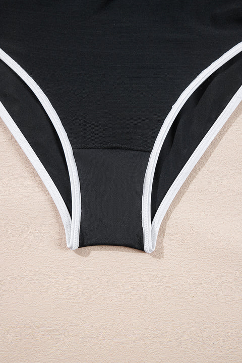 Black Contrast Trim Two Tone Belted One Piece Swimsuit