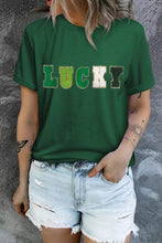 Green LUCKY Glitter Chenille Patched Crew Neck T Shirt