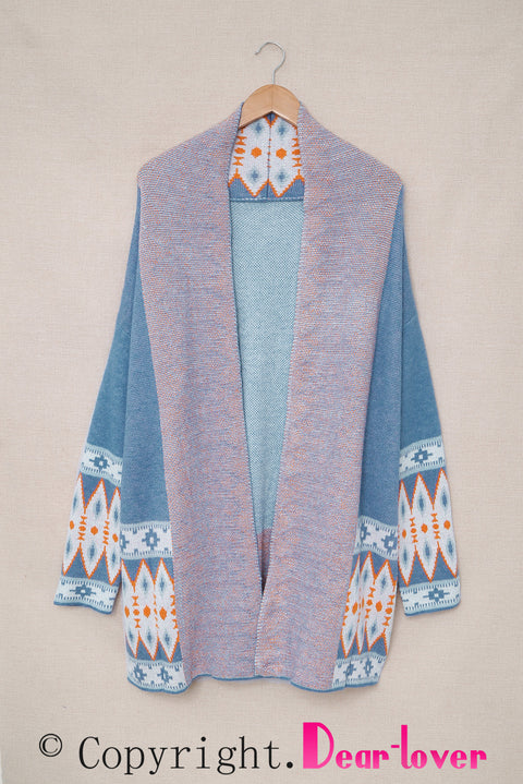 Gray Aztec Print Open Front Knitted Cardigan