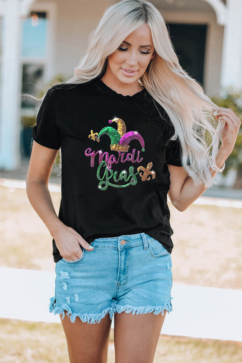 Black Mardi Gras Sequin Pattern Crew Neck T Shirt