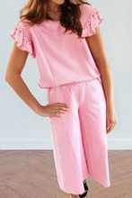 Pink Textured Pearled Ruffled Sleeve Wide Leg Pants Set