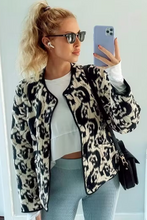 White Abstract Print Side Pockets Buttoned Jacket