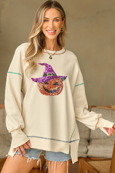 White Glittering Pumpkin Wizard Graphic Exposed Seam Side Split Halloween Sweatshirt