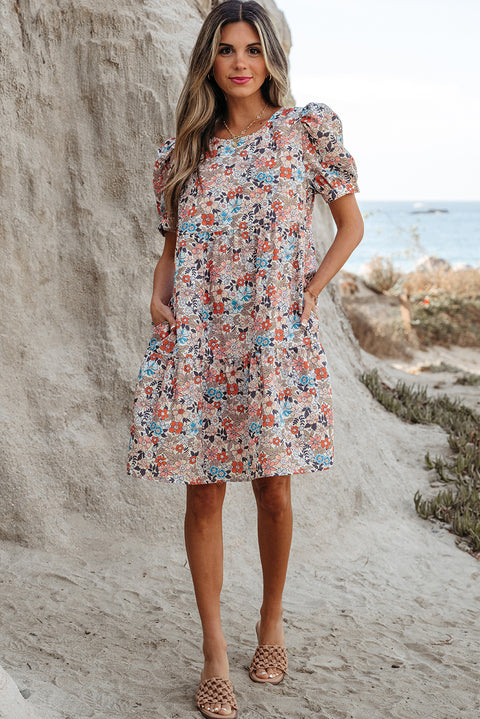 Apricot Bohemian Floral Print Short Puff Sleeve Mini Dress