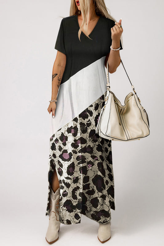 Leopard Color Block Side Slit T Shirt Maxi Dress