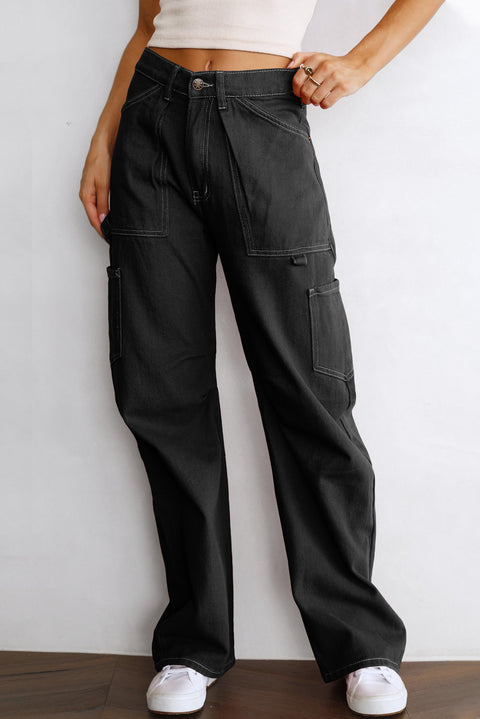 High Waist Straight Leg Cargo Pants with Pockets