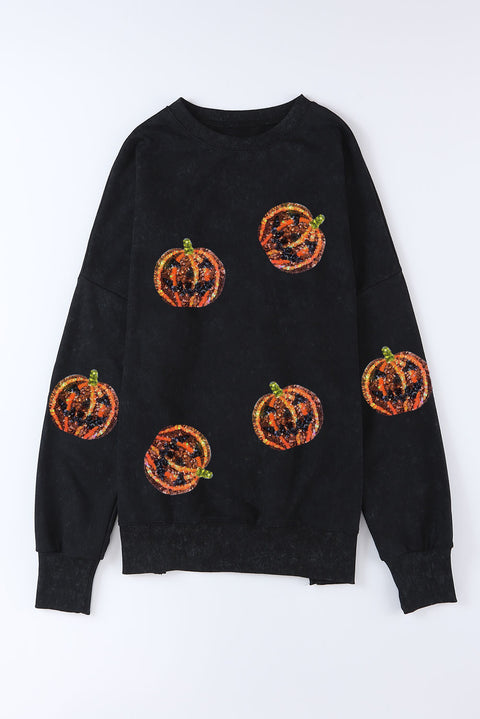 Black Sequined Jack O Lantern Split Hem Baggy Sweatshirt