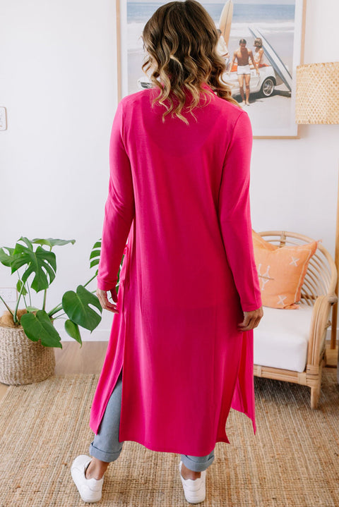 Strawberry Pink Plus Size Side Split Pockets Duster Cardigan