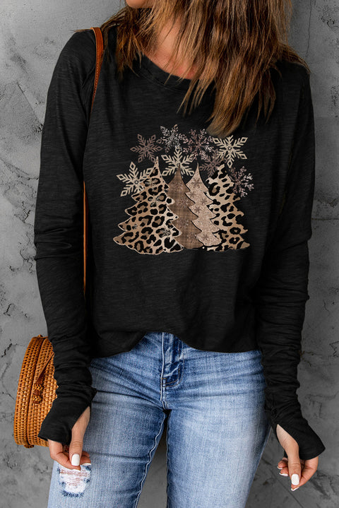 Black Christmas Tree Leopard Print Thumbhole Sleeve Top