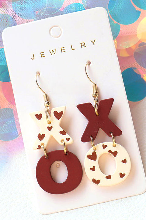 Racing Red Heart Print XOXO Letter Dangle Hook Earrings