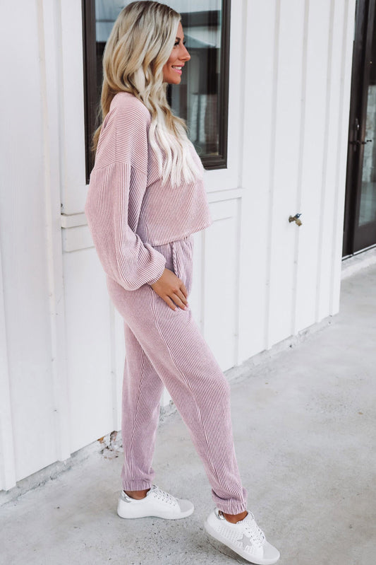 Apricot Powder Ribbed Two Piece Pullover and Joggers Lounge Set