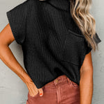 Black Patch Pocket Ribbed Knit Short Sleeve Sweater