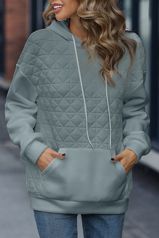 Light Grey Drop Shoulder Quilted Patchwork Kangaroo Pocket Hoodie