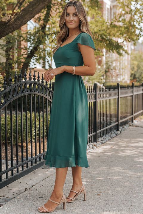 Sea Green Shirred Open Back Sweetheart Neck Ruffled Midi Dress