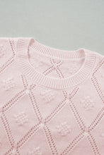 Gossamer Pink Openwork Plaid Puff Sleeve Cropped Sweater