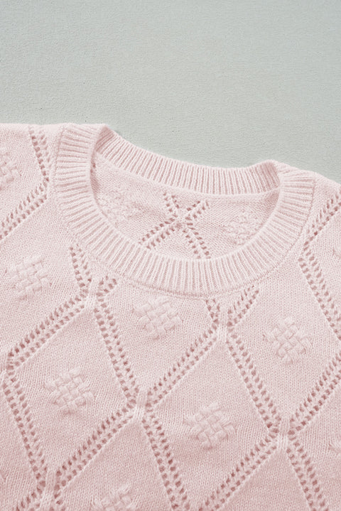 Gossamer Pink Openwork Plaid Puff Sleeve Cropped Sweater