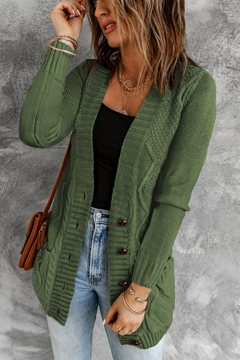 Green Front Pocket and Buttons Closure Cardigan