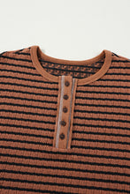 Brown Stripe Textured Frilly Trim Buttons Henley Long Sleeve Top