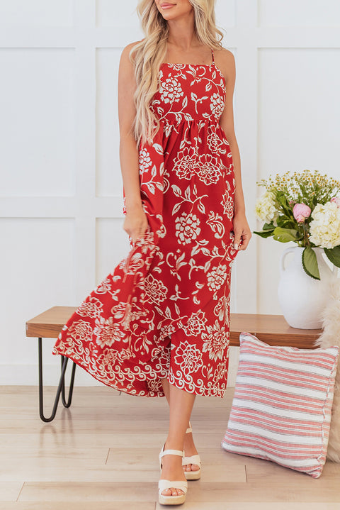 Red Floral Printed Spaghetti Strap Empire Waist Maxi Dress