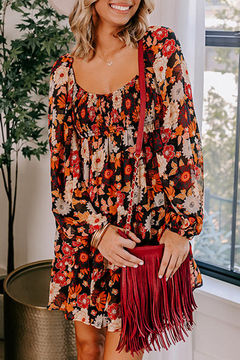 Multicolour Smocked High Waist Long Sleeve Floral Dress