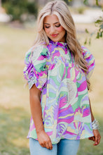 Green Abstract Print Bubble Sleeve Smock Detail Blouse