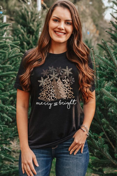 Camiseta con cuello redondo y estampado gráfico de árbol de Navidad de leopardo