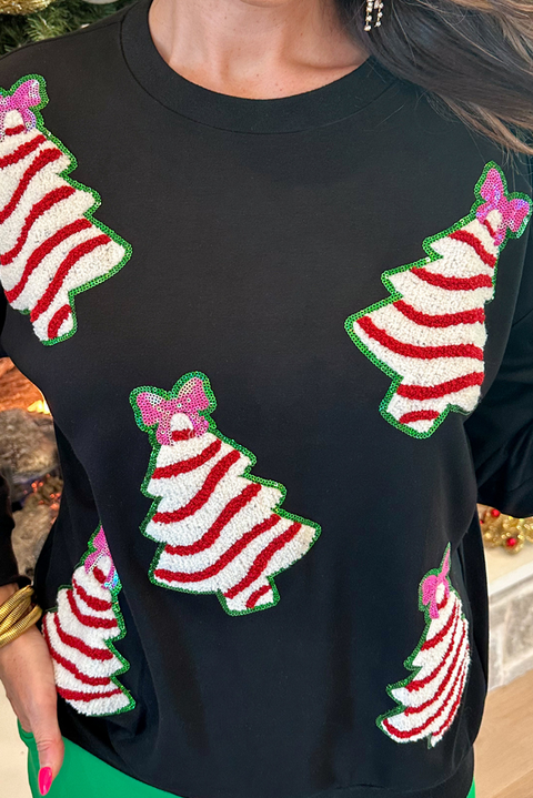 Black Bow Christmas Tree Patched Pullover Sweatshirt