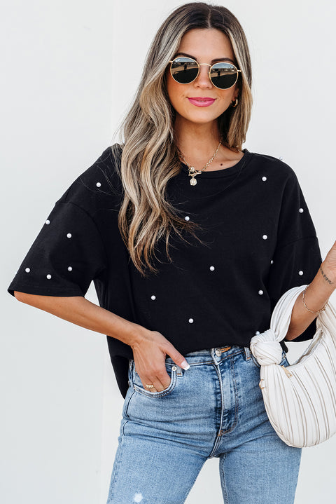 Black Pearl Beaded  Drop Shoulder Crewneck T Shirt