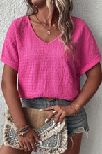 Bright Pink Plus Size Textured Folded Sleeve V Neck T Shirt