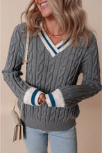 Medium Grey Color Contrast Ribbed Edge Cable Knit V Neck Sweater