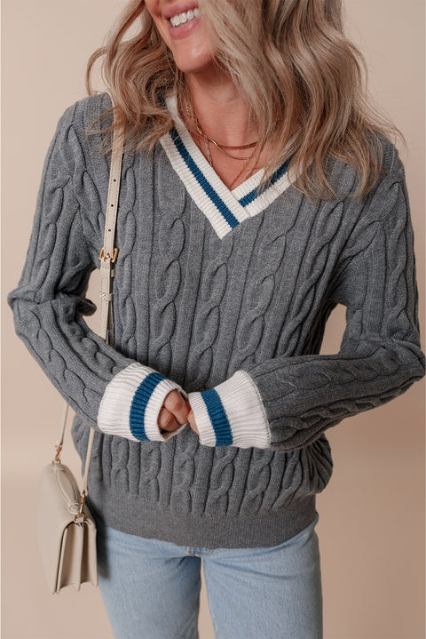 Medium Grey Color Contrast Ribbed Edge Cable Knit V Neck Sweater