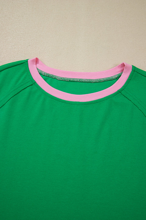 Bright Green Two Tone Contrast Textured Crewneck Tee and Shorts Set