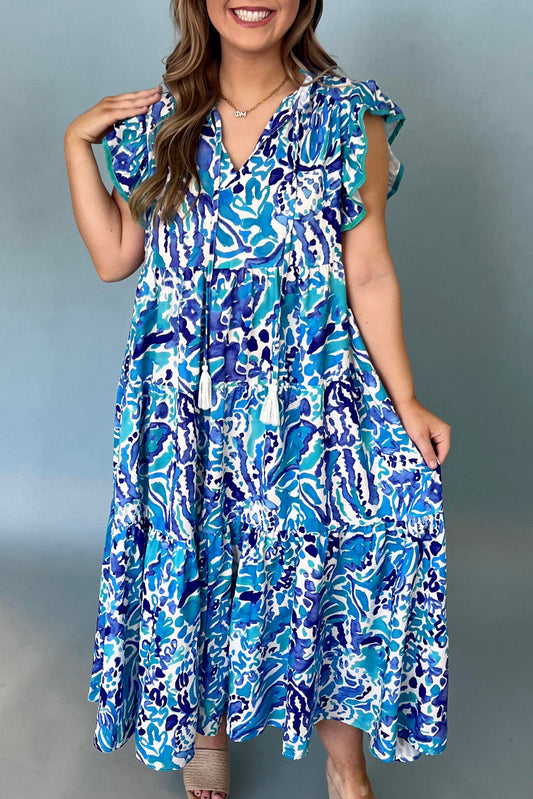 Sky Blue Plus Abstract Print Split Neck Ruffled Sleeve Tiered Long Dress