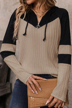 Parchment Textured Colorblock Long Sleeve Quarter Zip Drawstring Hooded Top