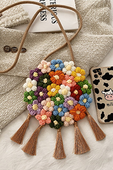 Coffee Colorful Flower Crochet Tasseled Shoulder Bag