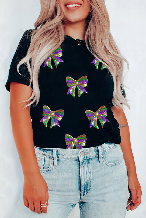 Black Sequin Mardi Gras Bow Graphic Crewneck Tee