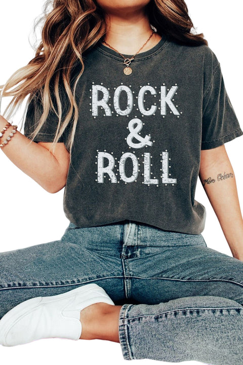 Black ROCK & ROLL Mineral Wash Crewneck T Shirt