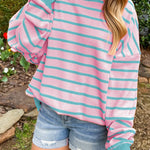 Pink Stripe Trimmed Round Neck Drop Shoulder Loose Sweater